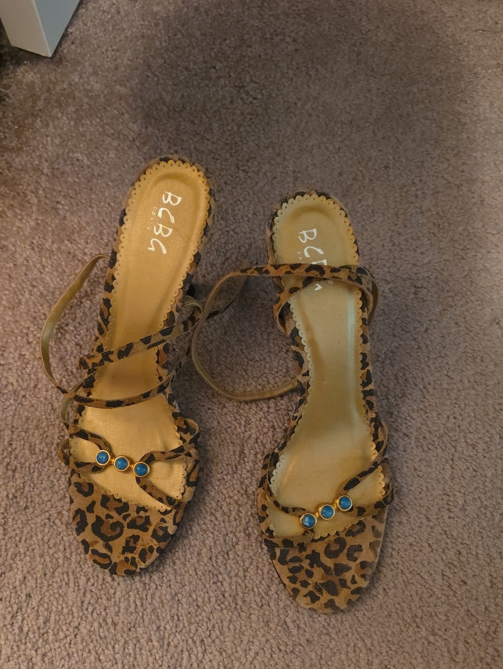 BCBG Leopard Print Heeled Sandals with Turquoise Stones